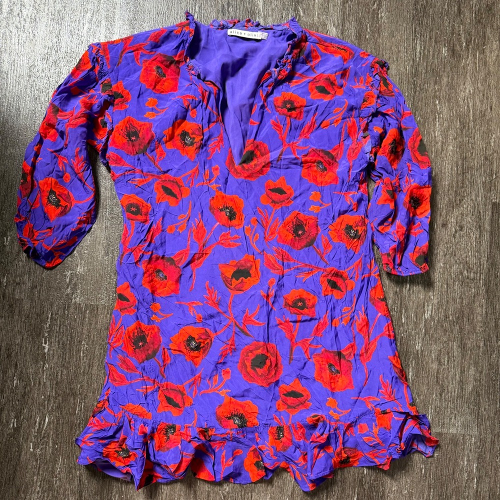 Alice + Olivia Mini Dress Womens XS Purple Red Poppy Floral Ruffle